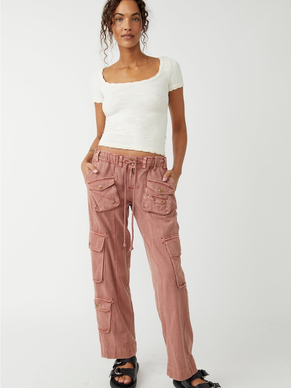 Free People Tahiti Cargo Pants Dusty Rose Pink Utility Wide Leg Size M